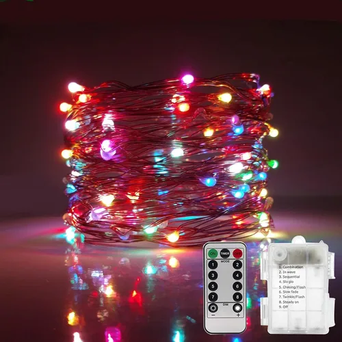 Vista 9 de Cadena de luces, luces LED de alambre de cobre, cada juego de 33 pies/32.8 ft 100 LED y 9 controles remotos. Funciona con pilas AA, luces Rojo