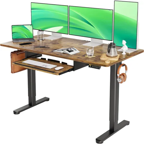 Vista 13 de Claiks Escritorio de pie con bandeja para teclado, escritorio de pie de altura ajustable, escritorios elevados para oficina en casa y estación