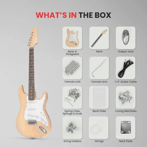 Vista 6 de Pyle Kit de guitarra eléctrica sin terminar, construye el instrumento, cuello de arce con un diapasón de madera técnica con traste, cuerpo de tilo
