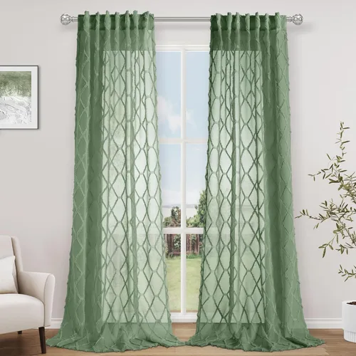Vista 28 de Cortinas transparentes verde agua de 84 pulgadas de largo, 2 paneles con pompones y textura, cortinas de gasa con patrón bordado geométrico