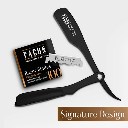 Vista 35 de Facón - Maquinilla de afeitar recta para hombre, kit profesional de afeitar de borde recto con 100 cuchillas, afeitadora barbero japonesa de acero