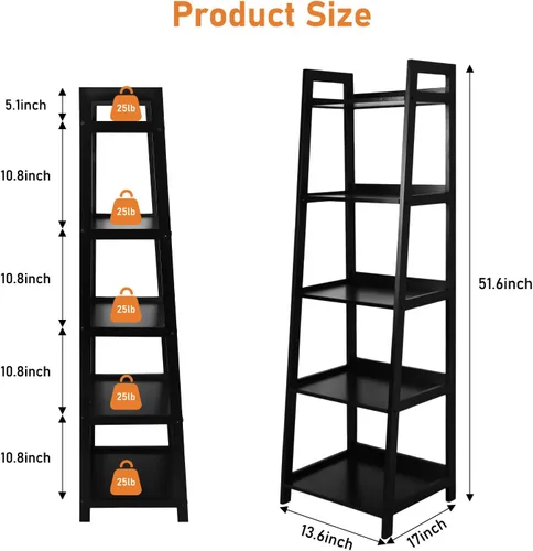 Vista 3 de Acehome Estantería de escalera de 5 niveles, estantería de gran capacidad con marco de acero y superficie de madera, para sala de estar, dormitorio