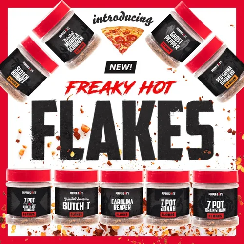Vista 4 de Pepper Joe's Copos de pimienta con cepa cerebral de 7 ollas, hojuelas de chile extremadamente picantes, frasco agitador de 1/2 oz, hojuelas