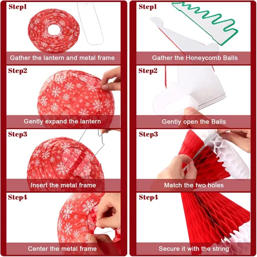 Vista 3 de Juego de 17 linternas de papel colgantes de Navidad 3D para Papá Noel, linterna de papel, sombrero de Papá Noel, árboles de Navidad, bolas de panal