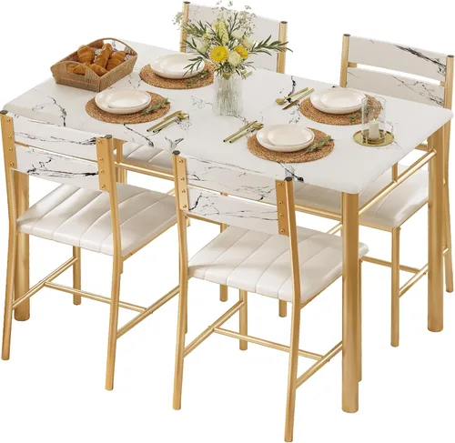 Vista 12 de Juego de mesa de comedor IRONCK para 4, mesa de cocina de madera con sillas tapizadas para cocina y comedor, juego de comedor compacto para espacios