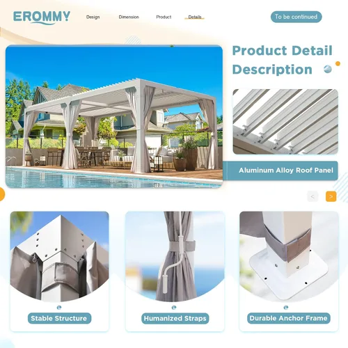 Vista 6 de EROMMY Pérgola con Persianas 10' x 10' Pérgola de Techo Rígido para Exteriores con Marco de Aluminio y Techo de Metal Ajustable Impermeable