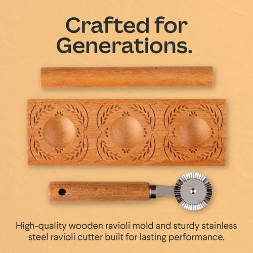 Vista 5 de Cooking Gift Set Co. - Prensa artesanal para hacer ravioles, molde de ravioles de madera y máquina de pasta, prensa de ravioles, rueda cortadora