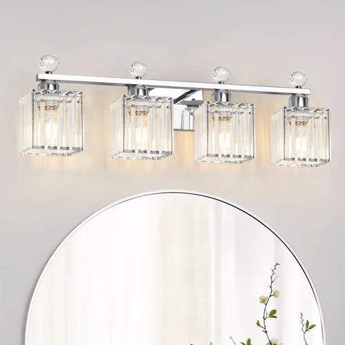 Vista 11 de Lxybcce Lámpara de tocador de baño de 18.8 pulgadas con pantallas de cristal transparente, accesorio moderno cromado de 3 luces para espejo, fácil