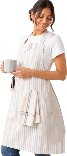 Vista 9 de Delantal de cocina 100% algodón con 2 bolsillos, delantal de chef ajustable para cocinar, hornear barbacoa, delantal unisex Aguamarina
