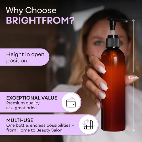 Vista 6 de BRIGHTFROM Botellas con bomba de loción, envases de plástico recargables vacíos de 8 onzas, sin BPA, ámbar con dispensador negro para jabón, champú