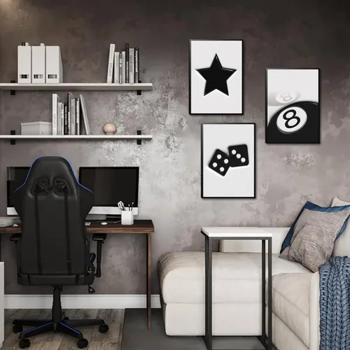 Vista 7 de Conjunto de 3 pósteres de dados en blanco y negro para pared, pinturas decorativas retro funky Y2k de 8 bolas, pósteres funky afortunados y Bola