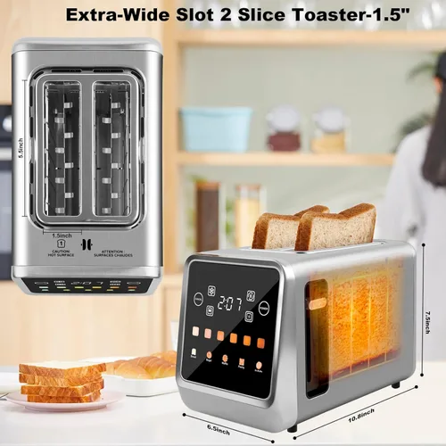 Vista 3 de Tostadora de pantalla táctil de 2 rebanadas, tostadora de bagel con pantalla LCD, tostadoras digitales inteligentes de acero inoxidable con tostada