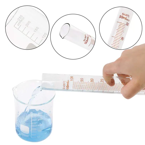 Vista 4 de Set de probeta graduada de vidrio SUPERLELE 10 ml 25 ml 50 ml 100 ml, juego de vasos de vidrio grueso 50 ml 100 ml 250 ml con 2 cuentagotas