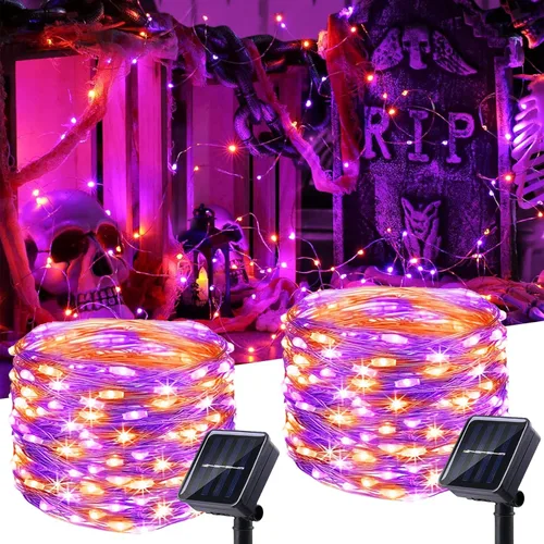 Vista 8 de LIGHTOP Guirnalda de luces solares al aire libre, paquete de 2, 33 pies, 100 luces LED de alambre de cobre, impermeable, decoración para boda