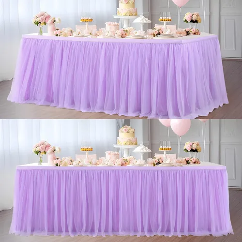 Vista 10 de Suppromo Falda de mesa de tul blanco de 6 pies para mesas rectangulares o mesas redondas, falda de mesa tutú, manteles blancos con volantes