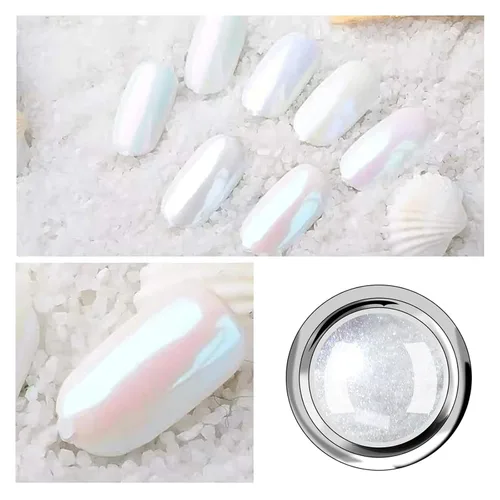 Vista 2 de 6 piezas de polvo cromado blanco, efecto perla, polvo de uñas con purpurina para uñas con efecto espejo mágico para decoración de diseño de uñas