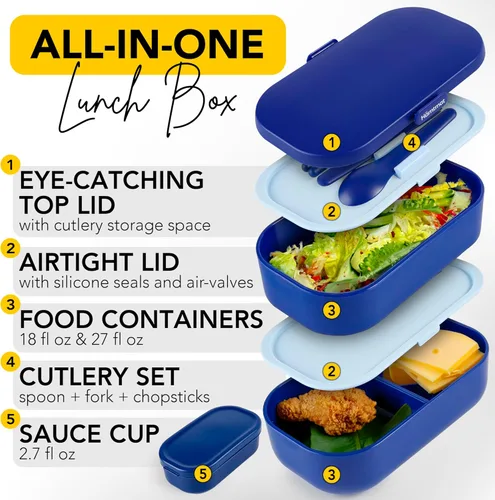 Vista 35 de Lonchera Bento apilable aislada para adultos con palillos reutilizables, lonchera japonesa apta para microondas y a prueba de fugas, para hombres