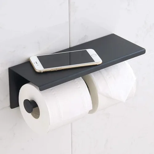 Vista 2 de BGL - Soporte doble para papel higiénico de acero inoxidable 304, montado en la pared, de color negro mate, con dos cabezas, soporte para rollo