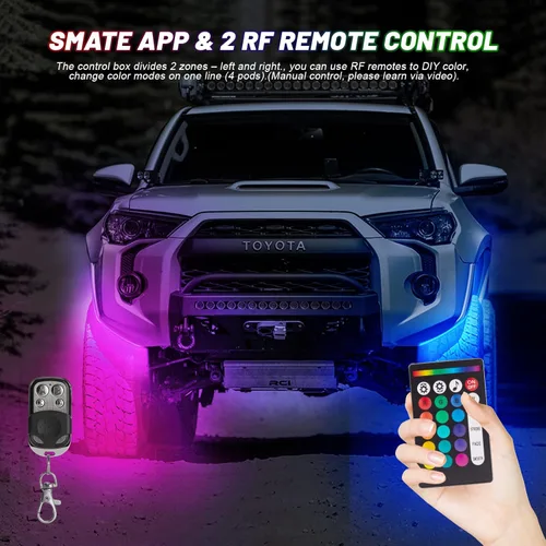 Vista 3 de 8 vainas RGB LED Rock Lights para Jeeps, camiones, carrito de golf, ATV, UTV RZR, SUV, todoterreno, kit impermeable multicolor con aplicación, modo