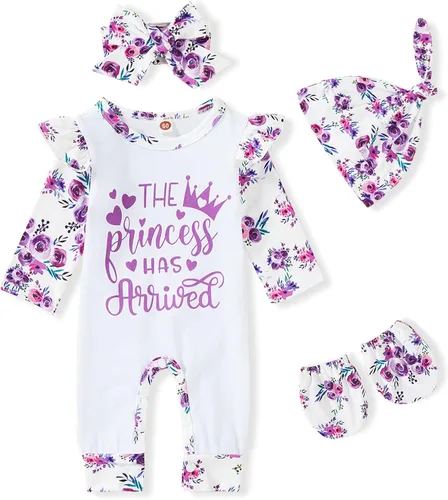 GRNSHTS Conjunto de ropa para bebé recién nacida, mameluco con estampado de letras, sombrero+diadema para llegar a casa