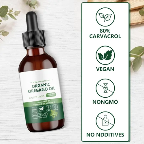 Vista 6 de Aceite de orégano con gotas de aceite de semilla negra (2 onzas líquidas), mezcla 4 en 1 con cúrcuma y vitamina E (80% Carvacrol), vegano, sin OMG