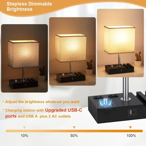 Vista 3 de Kakanuo Lámpara de mesita de noche totalmente regulable para dormitorio con puertos USB C, lámpara de mesita de noche pequeña gris con salidas