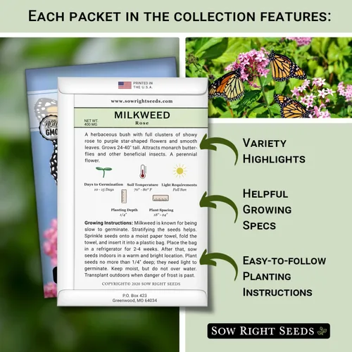 Vista 2 de Sow Right Seeds - Colección de semillas de algodoncillo - Incluye variedades comunes, rosas, vistosas, mariposas - Atrae monarca y otras mariposas a