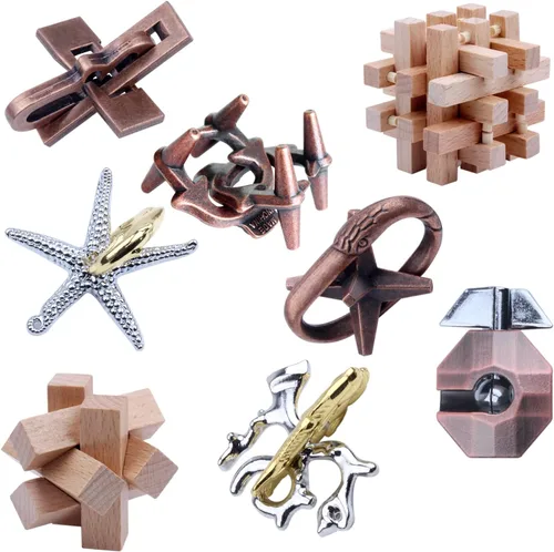 RLYLF 8 Piezas Rompecabezas de Madera y Metal, Juegos de Lógica IQ, Juguetes Educativos 3D para Adultos y Niños, Juego de Familia, Juego de Lógica,