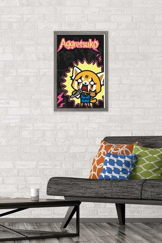Vista 2 de Trends International Aggretsuko Rock Out - Póster de pared, 22.4 pulgadas de largo x 14.7 pulgadas, versión enmarcada en madera de granero