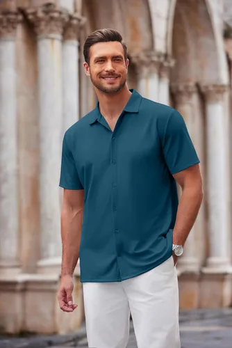 Vista 23 de COOFANDY Camisa casual con botones para hombre, manga corta, sin arrugas, camisa de verano