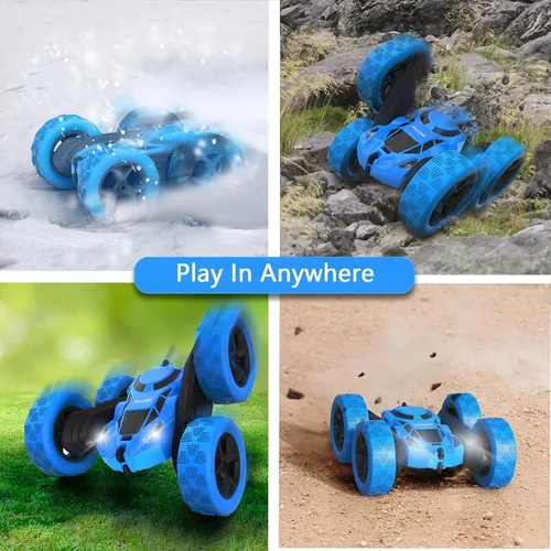 Vista 6 de Hamdol Auto de control remoto para niños, auto de acrobacias RC giratorio de 360°, vehículo eléctrico 4WD de doble cara con luces LED, autos