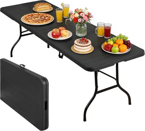 Vista 13 de ZENY Mesa plegable portátil de plástico de 4 pies para interiores y exteriores, picnic, fiesta, campamento, mesa de comedor con asa, color negro
