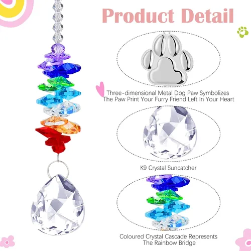 Vista 3 de Juego de 5 regalos conmemorativos de arcoíris para mascotas, incluye atrapasoles de cristal con estampado de patas, pulsera de arco iris