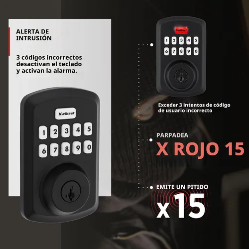 Vista 6 de Kwikset Powerbolt 250 - Cerradura electrónica de transición con teclado de 10 botones, color negro mate, con cómoda entrada sin llave, códigos