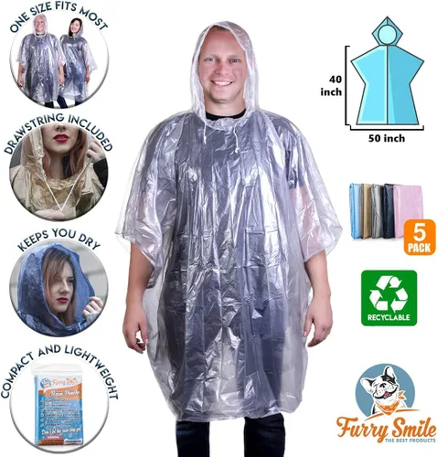Vista 2 de Furry Smile Disposable Rain Ponchos Family Pack for Adults Emergency Waterproof Rain Poncho for Men or Women with Drawstring