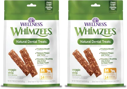 Vista 10 de WHIMZEES Golosinas dentales naturales de larga duración para perros, sin granos, salchicha vegetariana, pequeña, bolsa de 28
