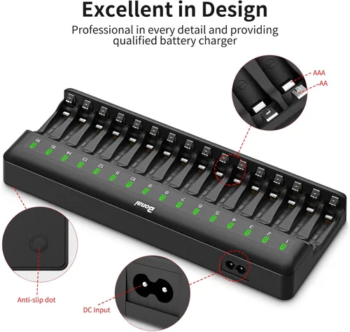 Vista 7 de BONAI Cargador de baterías AA AAA de 16 bahías para baterías recargables NiMH Control independiente con luz LED y enchufe de carga AC americano