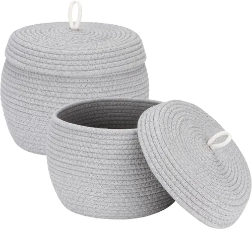 Vista 50 de Sea Team Cesta de almacenamiento redonda de cuerda de algodón con tapa, cesta de almacenamiento tejida con pompones de arcoíris coloridos, maceta