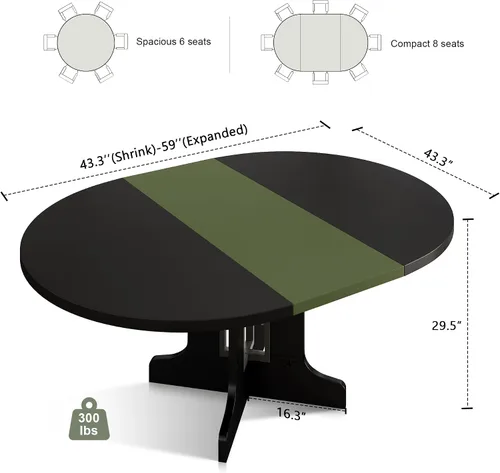 Vista 2 de Feonase Mesa de comedor redonda extensible de 59 pulgadas para 4-6, moderna mesa de cocina ovalada con base de madera resistente, soporte de marco