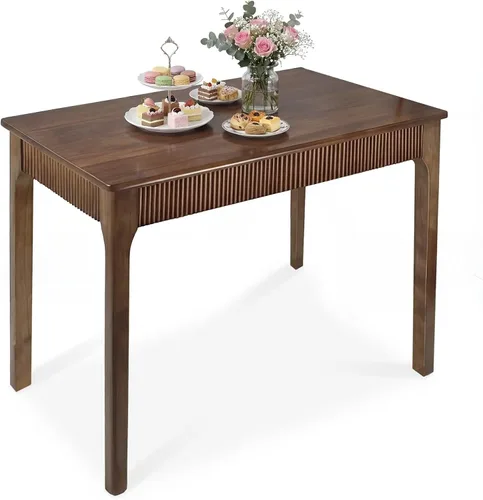 Vista 11 de Mesa de comedor de madera maciza de 47 pulgadas para 4, mesa rectangular moderna de madera real, diseño acanalado de mediados de siglo