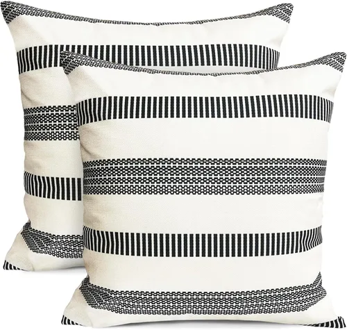 Vista 17 de Juego de 2 fundas de almohada decorativas negras boho 16x16 pulgadas, fundas de almohada de lino modernas estilo bohemia campestre para exteriores