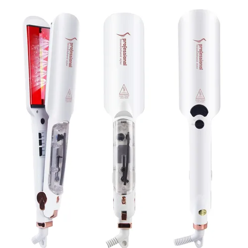 DORISILK Plancha de vapor 2 en 1 para alisar el cabello y rizador, plancha plana profesional infrarroja de turmalina, plancha ancha de cerámica de