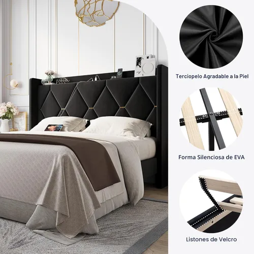 Vista 6 de Allewie Base de cama tapizada de terciopelo tamaño completo con cabecera de almacenamiento con respaldo de alas y estación de carga, cama