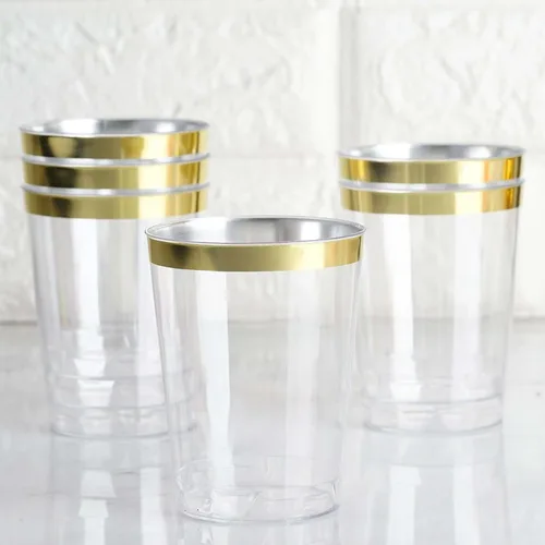 Vista 15 de Efavormart - Paquete de 25 vasos de plástico color ámbar dorado de 10 onzas con borde dorado, vasos de cristal teñido cálido para Acción de Gracias