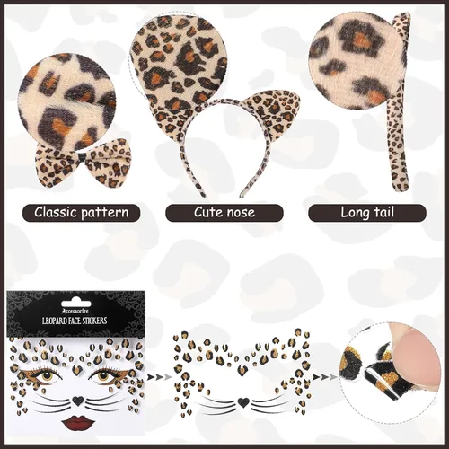 Vista 3 de Janinka Conjunto de disfraz de leopardo, orejas de gato, diadema de moño y cola, 2 hojas de calcomanías temporales de leopardo para la cara