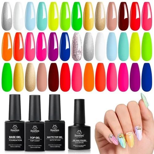 Vista 14 de Beetles - Juego de esmaltes de uñas de gel, 20 colores, rosa, blanco, negro, amarillo, rojo, con brillantina, UV, LED, kit de esmalte de gel