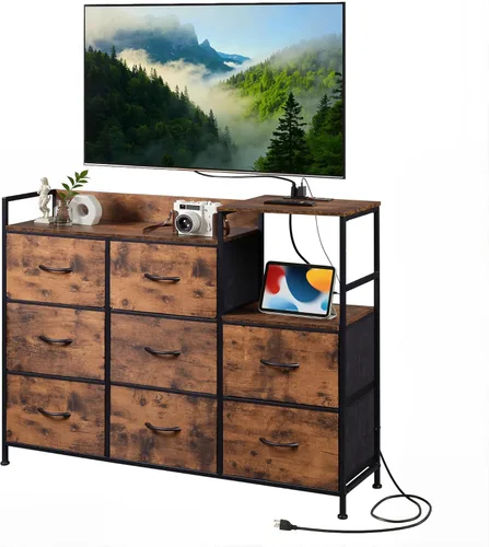 Vista 35 de Soporte de TV blanco para TV de 60, 65, 70 pulgadas, centro de entretenimiento con 8 cajones, mesa consola multimedia con parte superior de madera