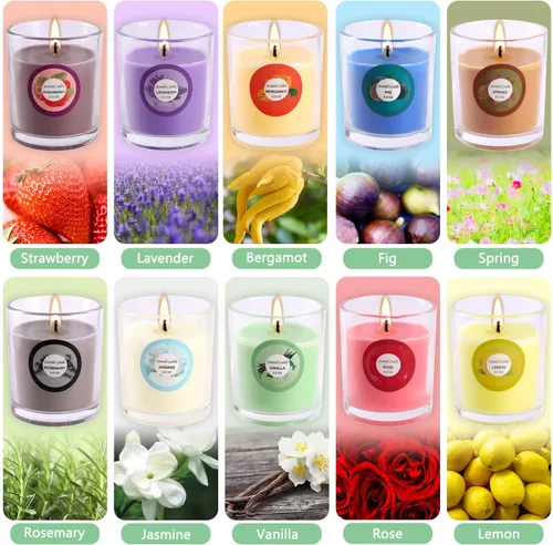 Vista 4 de Juego de 40 velas perfumadas con 10 fragancias, cera de soja para aromaterapia, vela perfumada fuerte en tarro de vidrio para mujer, decoración