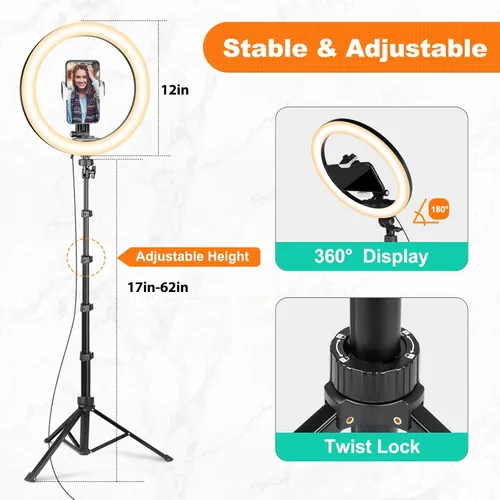 Vista 5 de UBeesize Anillo de luz de 12 pulgadas con trípode para selfie stick de 62 pulgadas, anillo de luz LED con soporte y soporte para teléfono