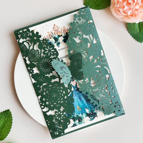 Vista 53 de Hosmsua 20 tarjetas de invitación de boda de champán con sobres de 5.12 x 7.3 pulgadas, cortadas con láser, mariposa, encaje, invitación para boda